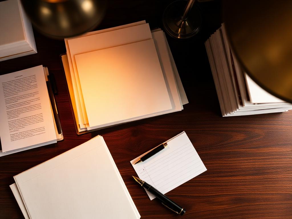 Documentos organizados em uma escrivaninha de madeira
